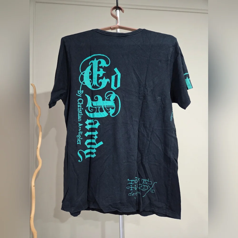 Ed Hardy Black Graphic Embellished Rhinestone T-Shirt for Men Sz.L - Picture 3 of 10